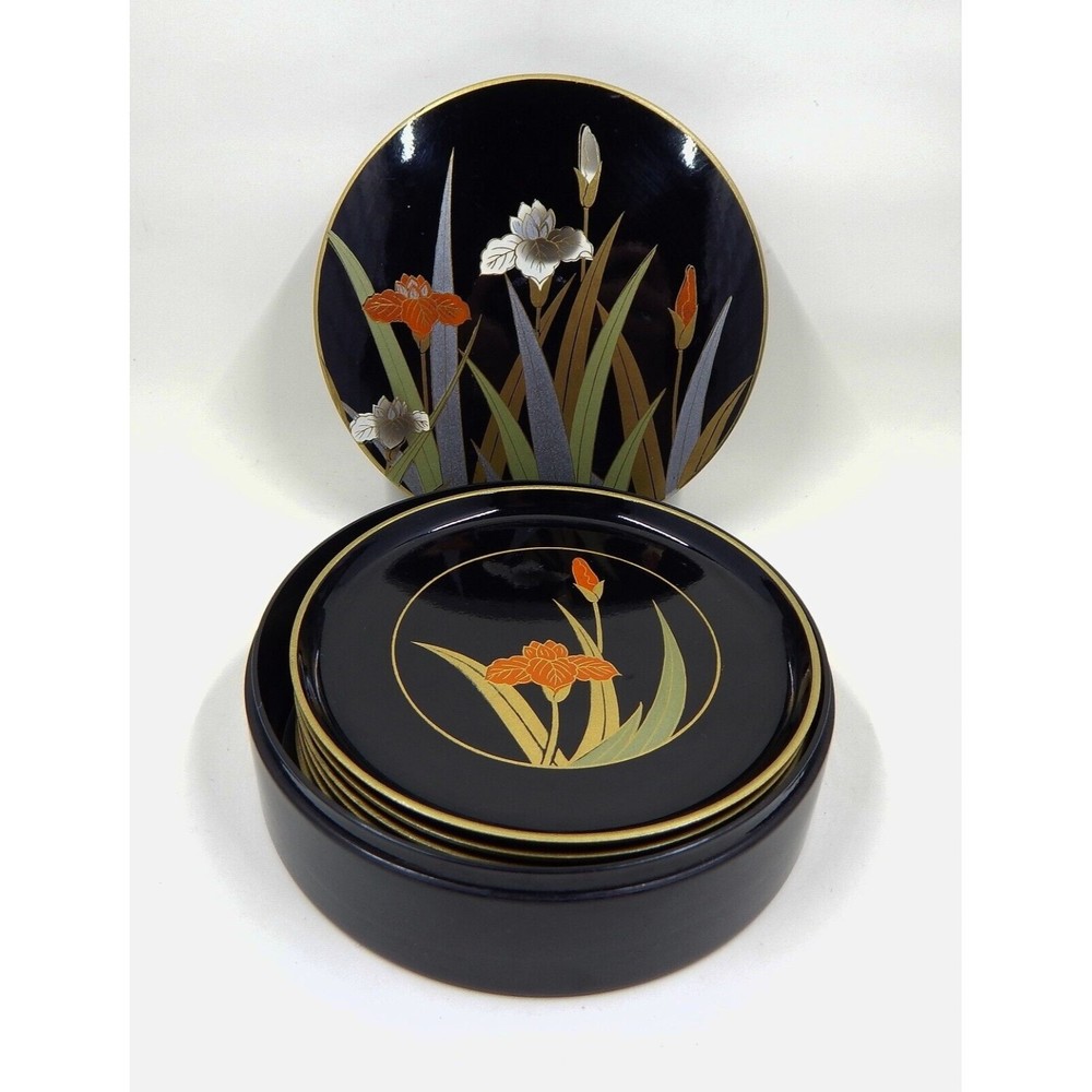 Otagiri Laquerware Coasters Iris Floral Set of 6 Black Orange MCM Made In Japan